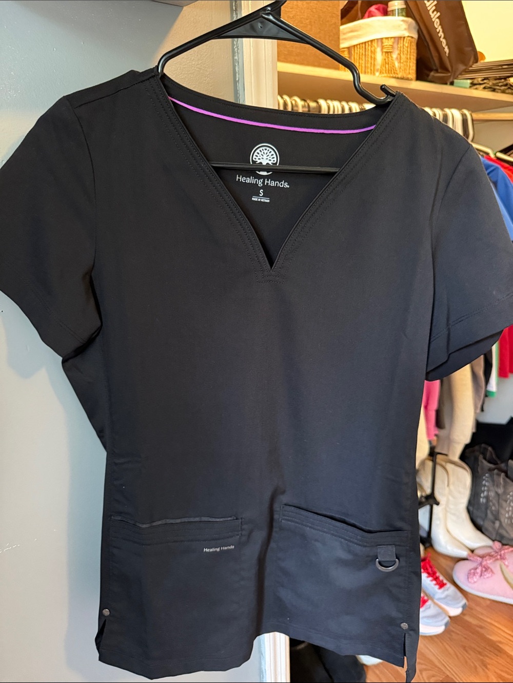 healing hands Black V-Neck Scrub Top with Pink Trim
